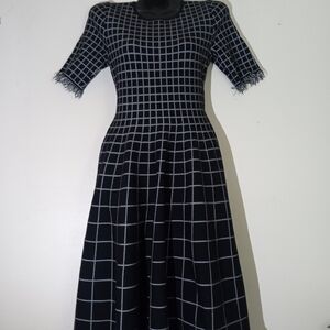 Black & White Windowpane Midi Dress with Fringe Trim